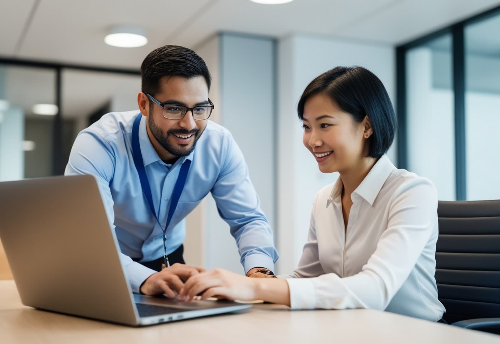 An IT support engineer resolving a fault with a colleague at their laptop