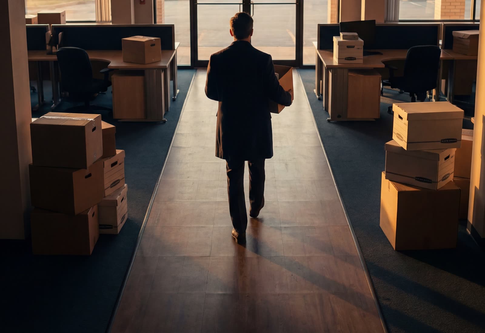 An employee walking out of an office on their last day, carrying a box