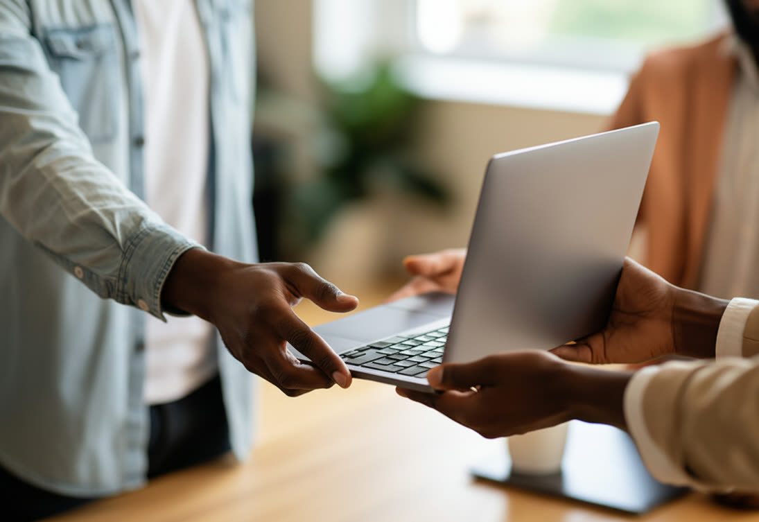 A new laptop being handed over to a user during a Greensafe deployment
