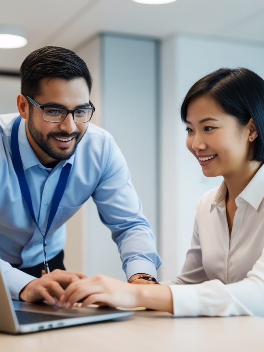 An IT support engineer helping a colleague at a laptop
