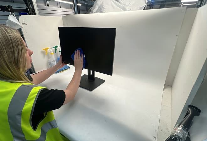 A Greensafe technician deep-cleaning a monitor at the refurbishment bench